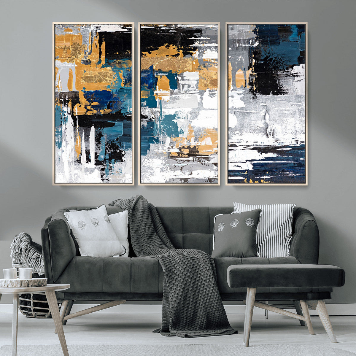 Blue and Gold Abstract Canvas Wall Art – Triptych Modern