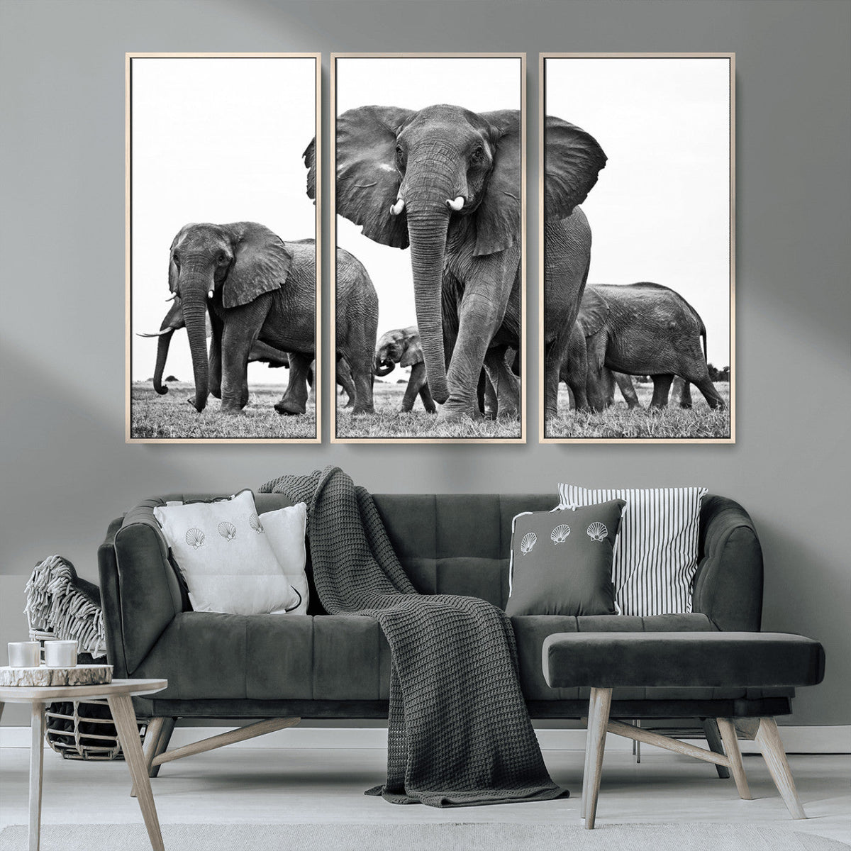 Black White Elephant Family Wall Art Canvas Print