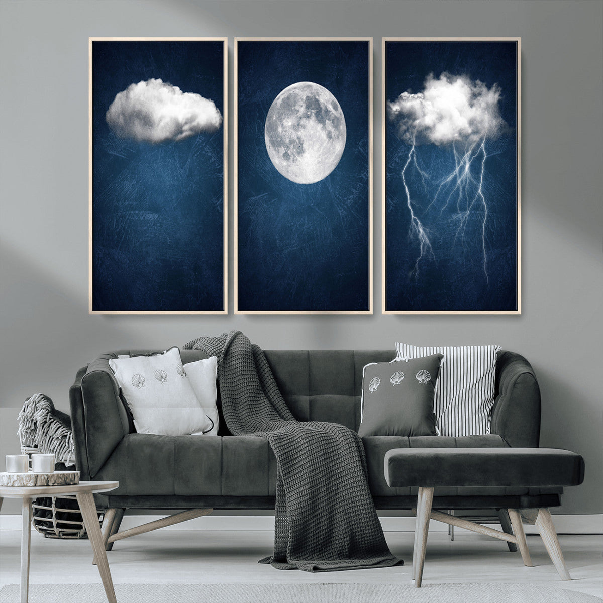 Dark Blue Cloud Art, 3 Piece Indigo Blue Wall Art, Aesthetic