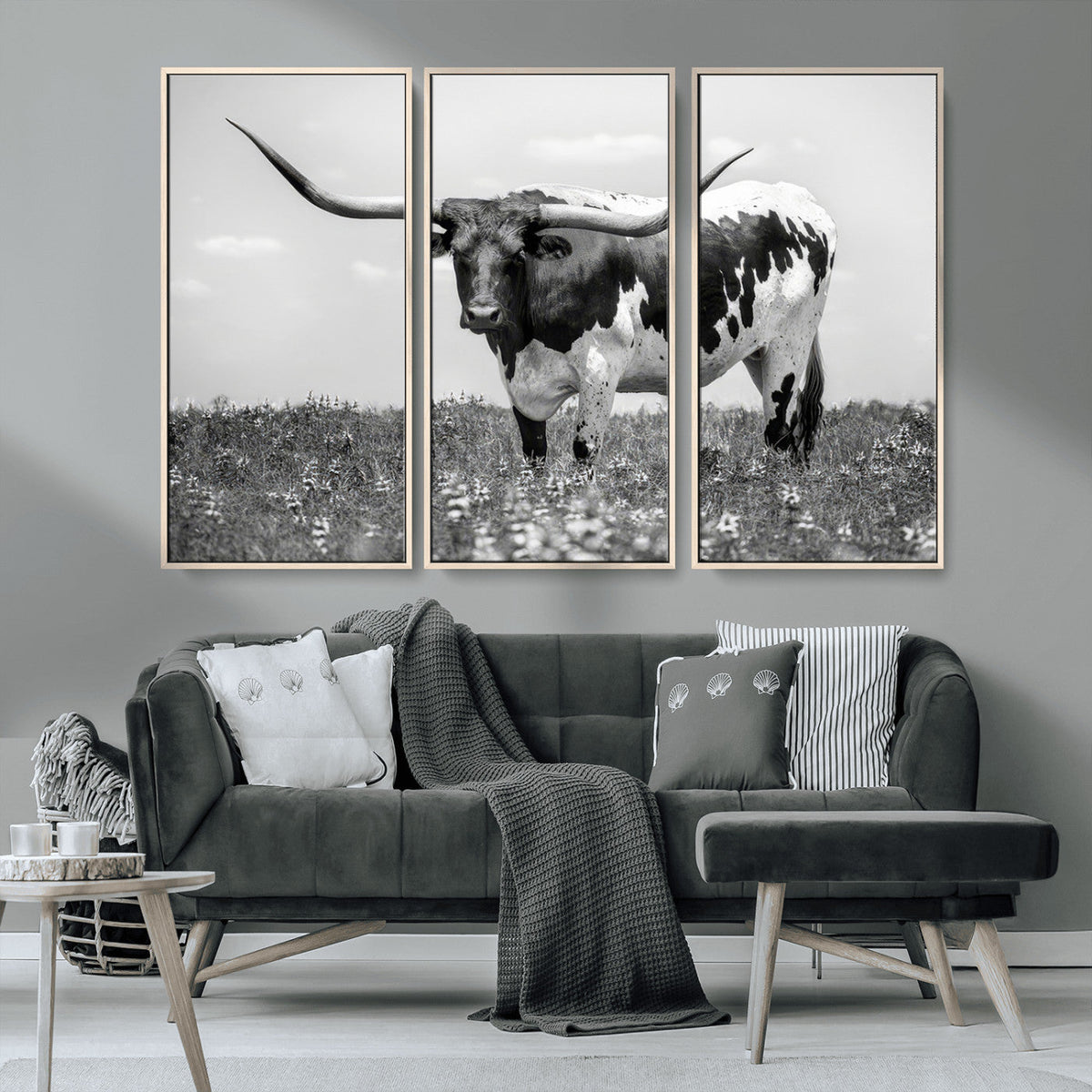 Texas Black White Highland Longhorn Cow Wall Art Canvas