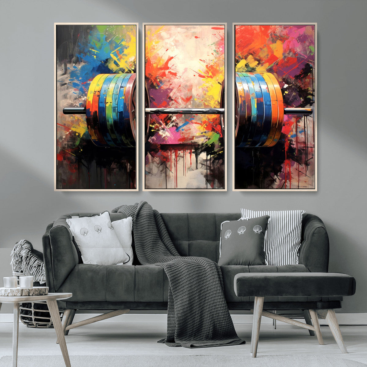 Weightlifting Barbell Art Triptych, Bold Abstract Fitness