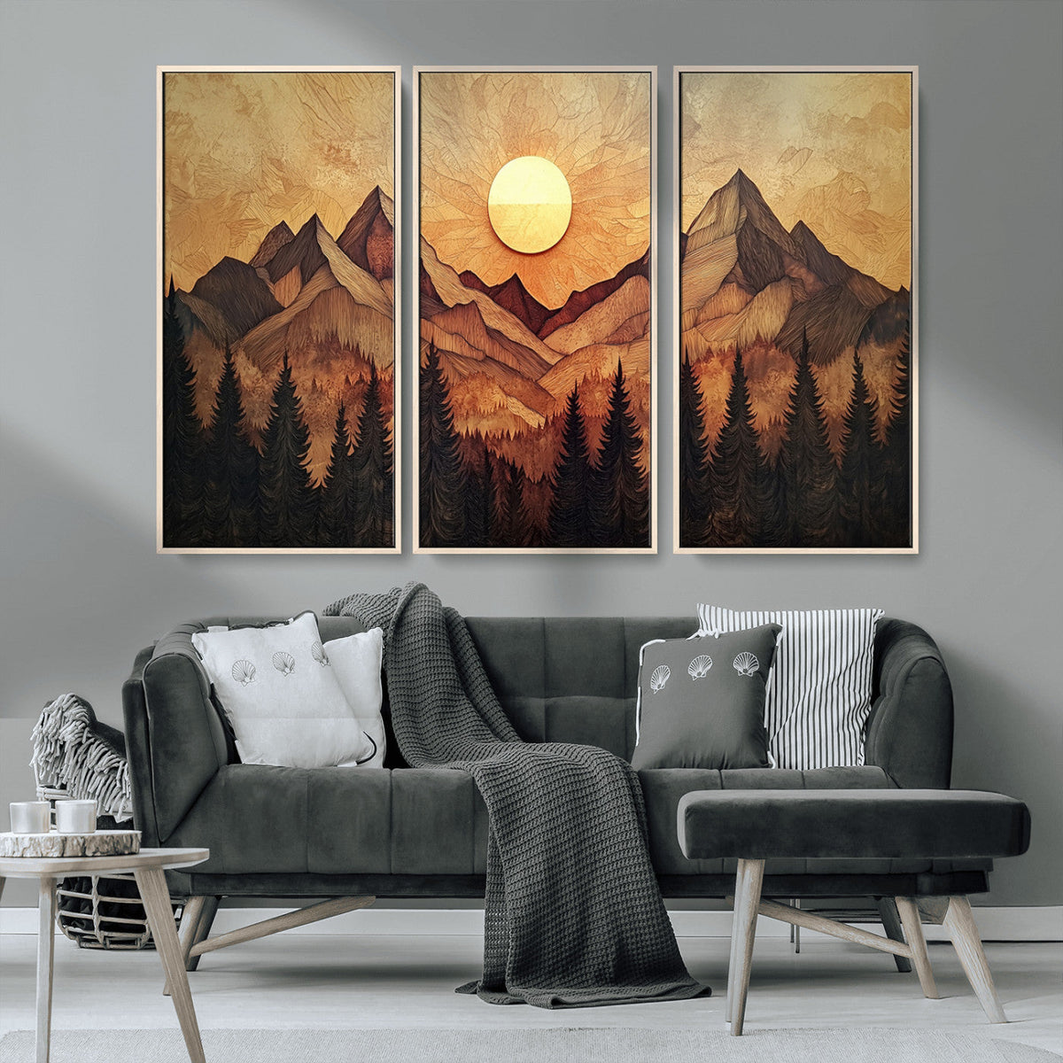 Wood Style Abstract Mountain Sunset Canvas Wall Art Print -
