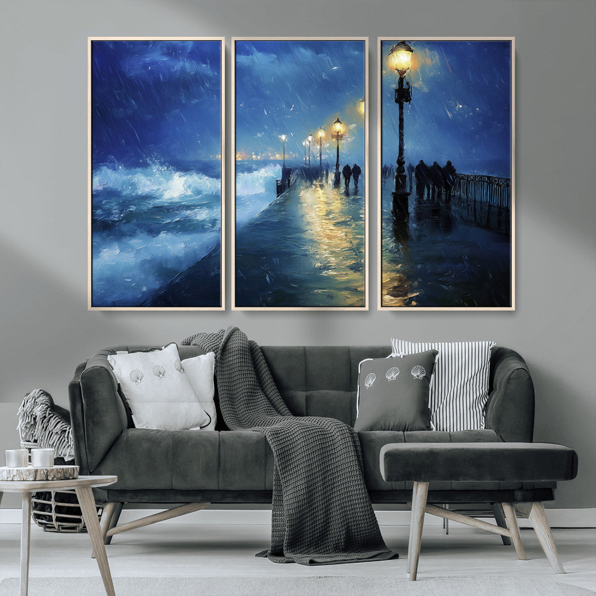 Storm Ocean Pier Canvas Wall Art Print - Large Moody Night