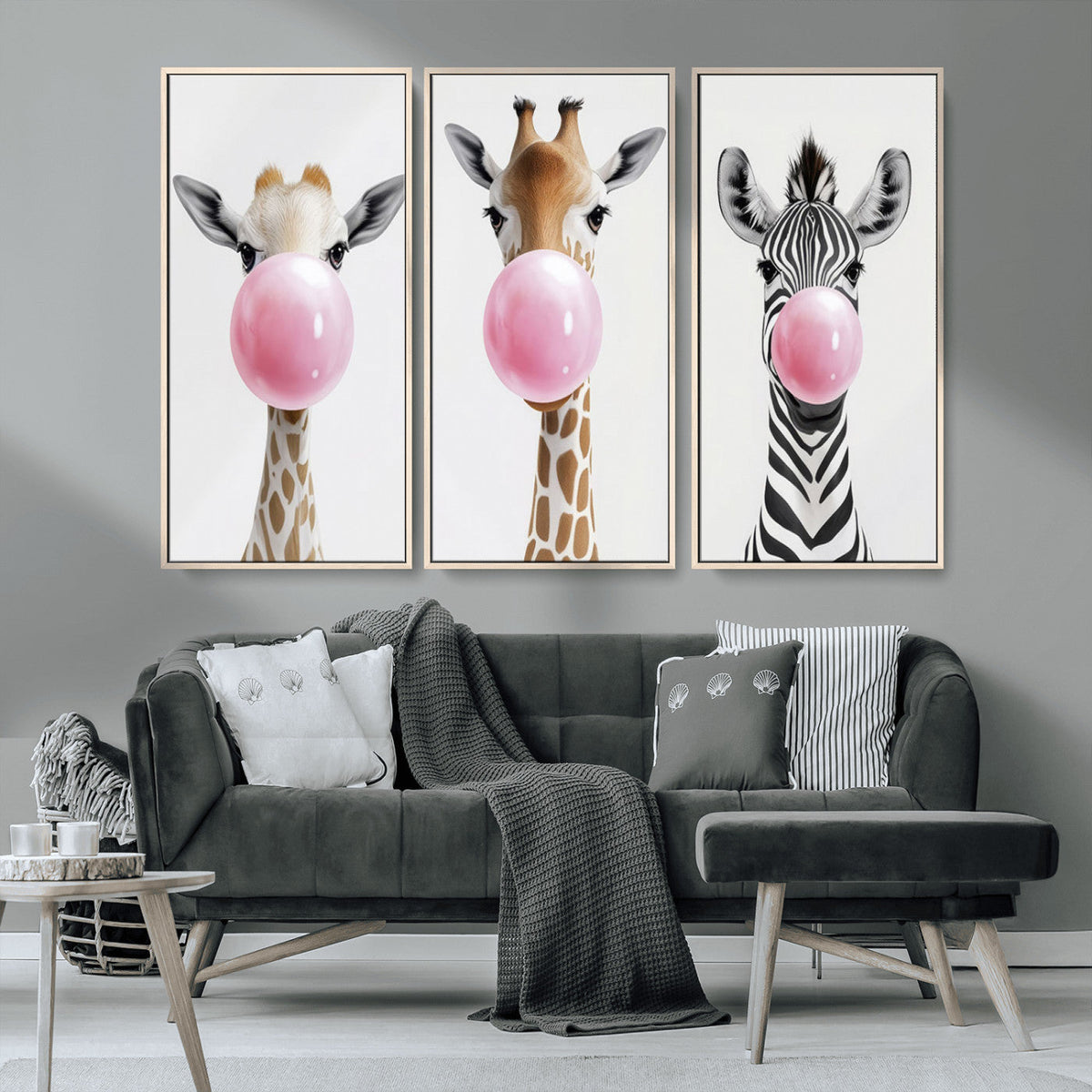 Bubblegum Animals Canvas Wall Art - Playful Giraffe and