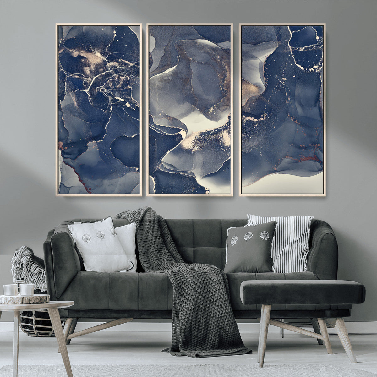 Large Abstract Blue and Gold Canvas Wall Art Fluid Ink