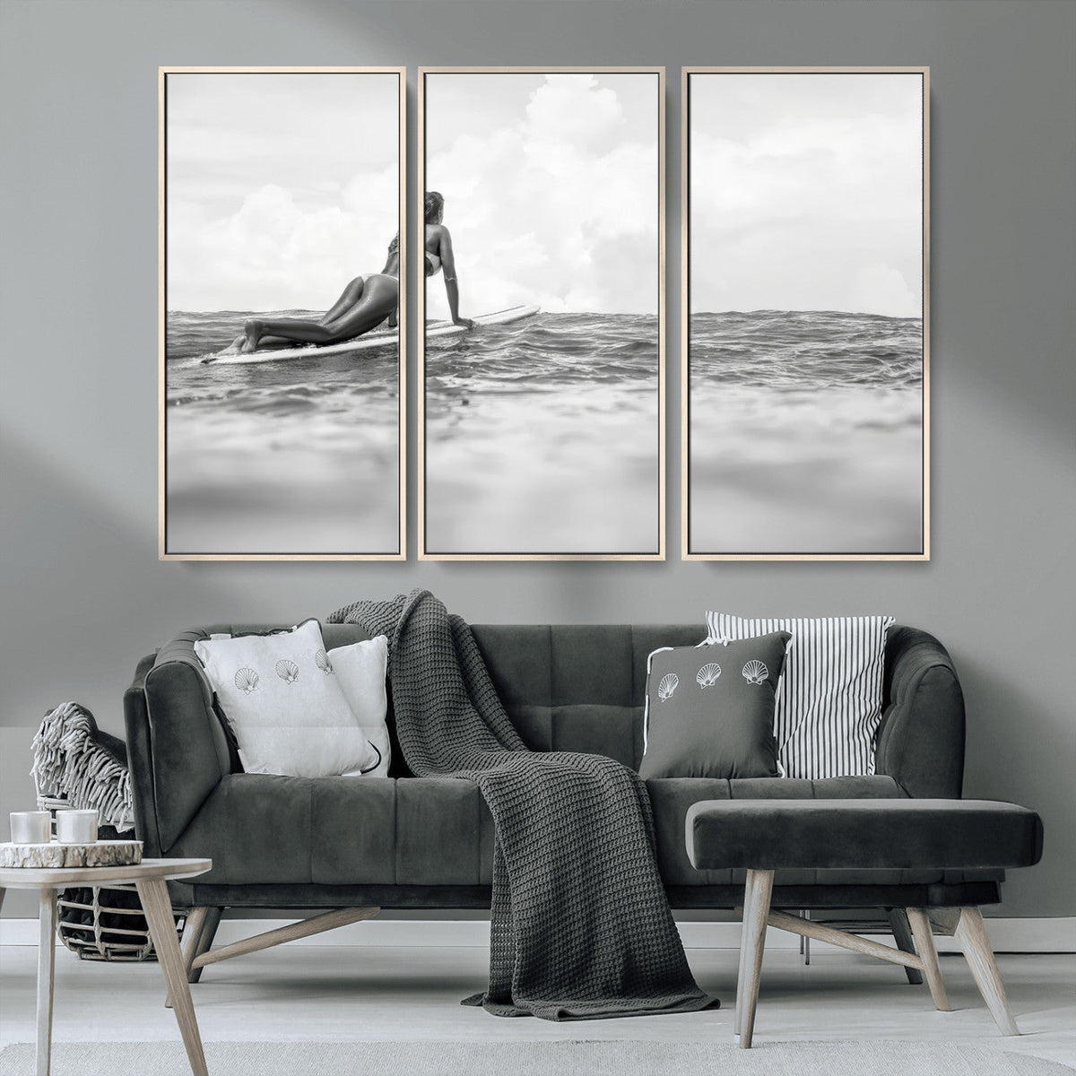 Black and White Surfing Wall Art Canvas Print – Framed Ocean