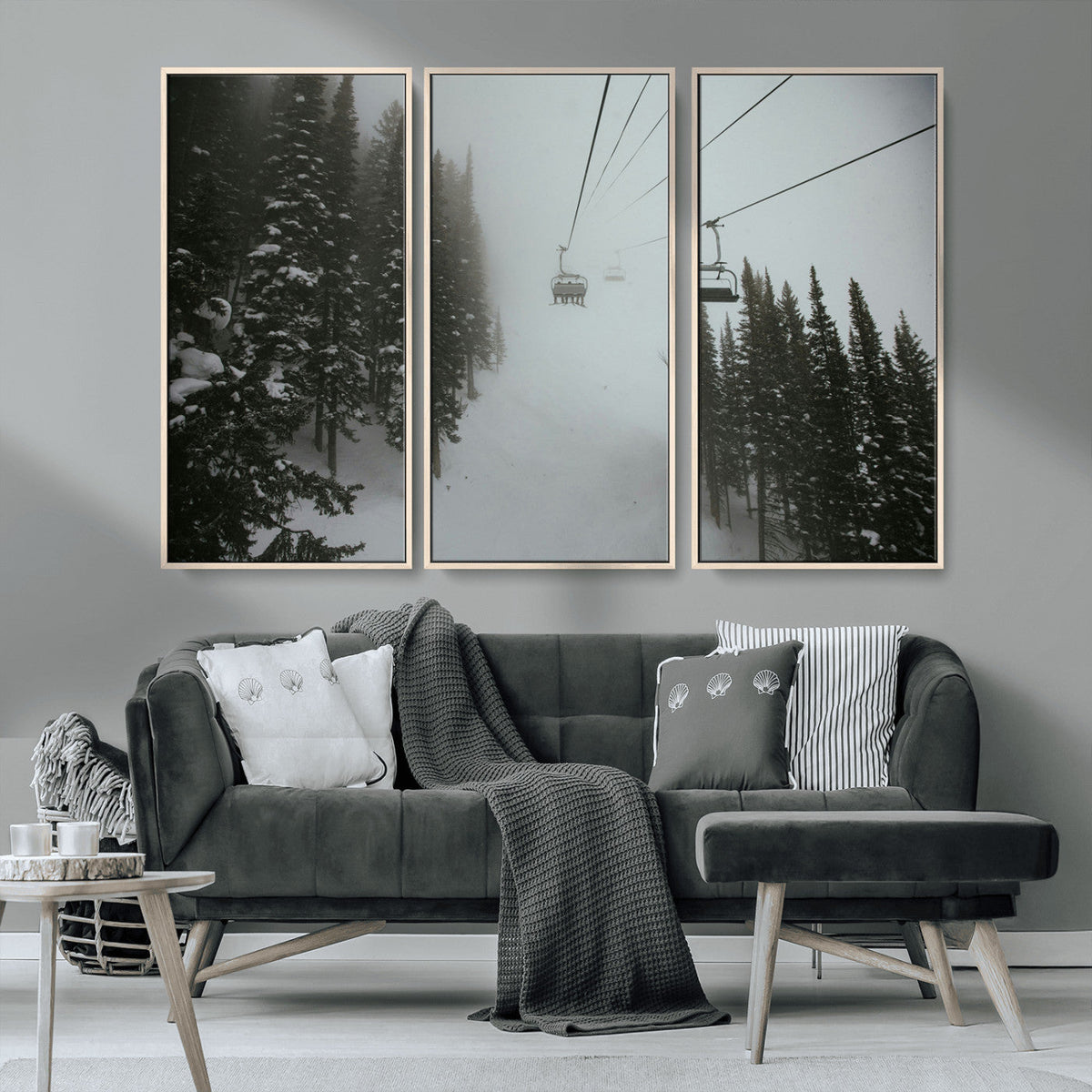 Ski Lift Wall Art Canvas Print – Snowy Pines Misty Landscape