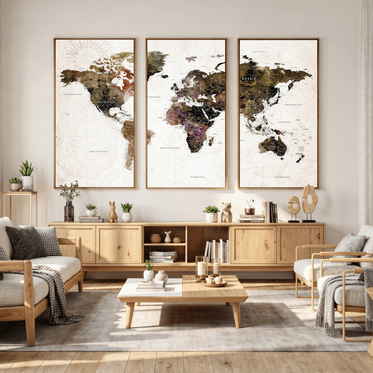 Watercolor World Map Print - Large Wall Art Canvas Print for