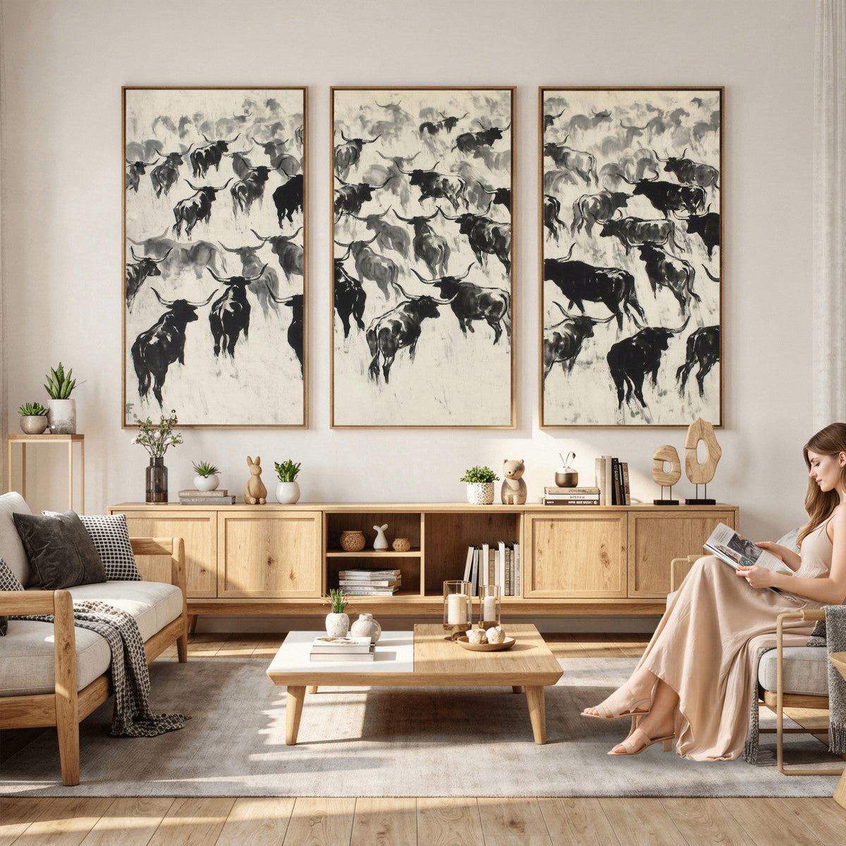 Longhorn Cattle Canvas Wall Art, Black White Stampede Ink