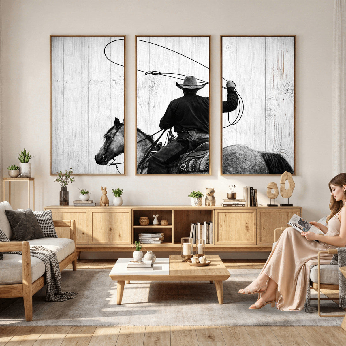 Cowboy Lasso Canvas Wall Art, Black White Western Horse