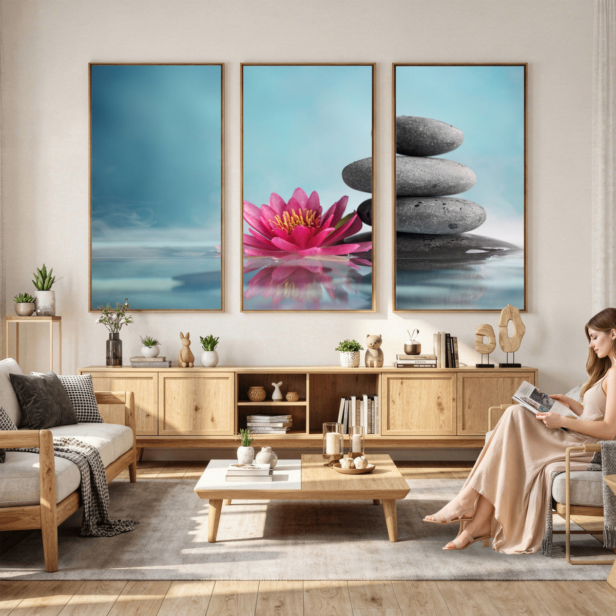 Zen Canvas Wall Art Lotus Flower Stacked Stones Teal Spa