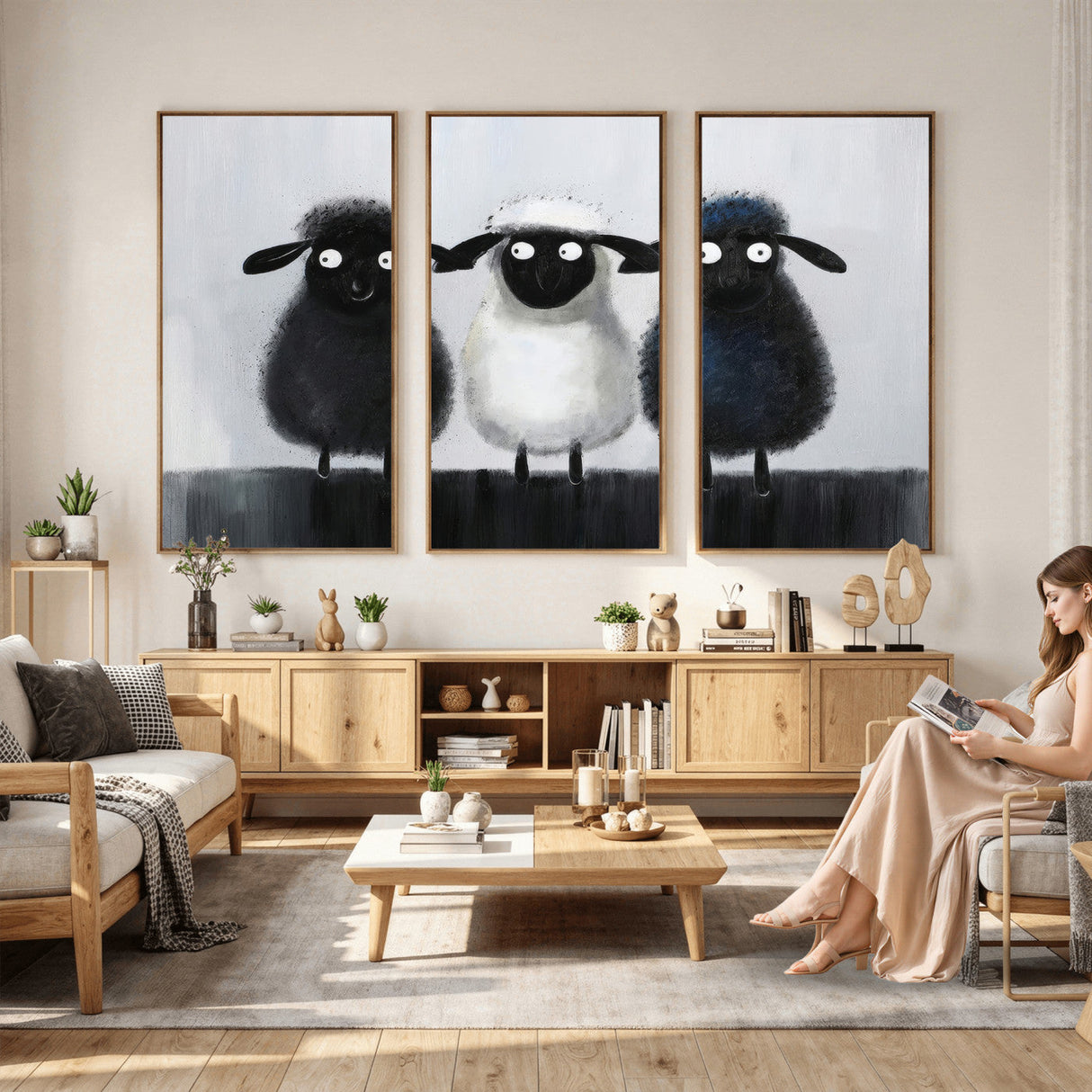 Funny Sheep Canvas Wall Art, Three Quirky Sheep Painting Print, Cute Animal Nursery Decor, Black White Navy Farmhouse Art, Kids Room Gift