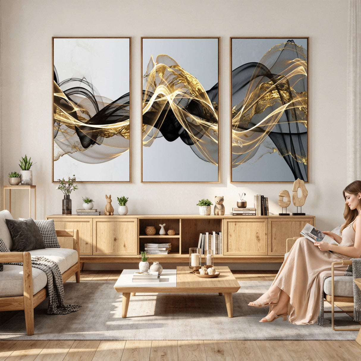 Black and Gold Abstract Wall Art, Modern Wave Canvas Print, Elegant Flowing Smoke Art, Luxury Living Room Decor