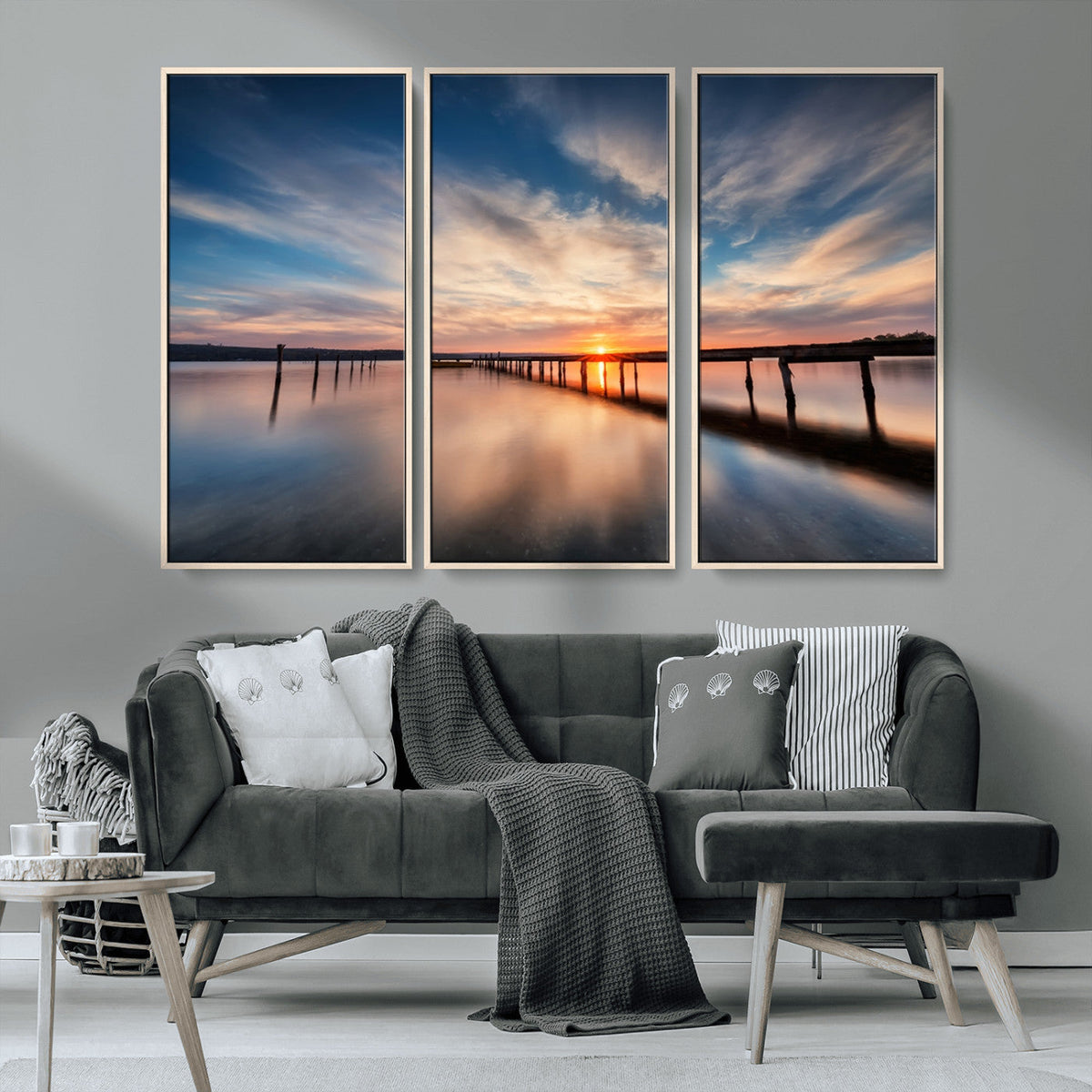Wooden Pier on Seascape and Sunset Wall Art Canvas Print