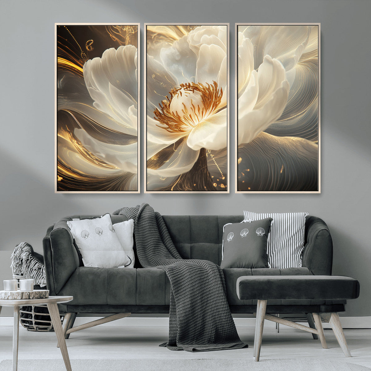 Gold Floral Wall Art Canvas Print, Framed Modern Flower Art