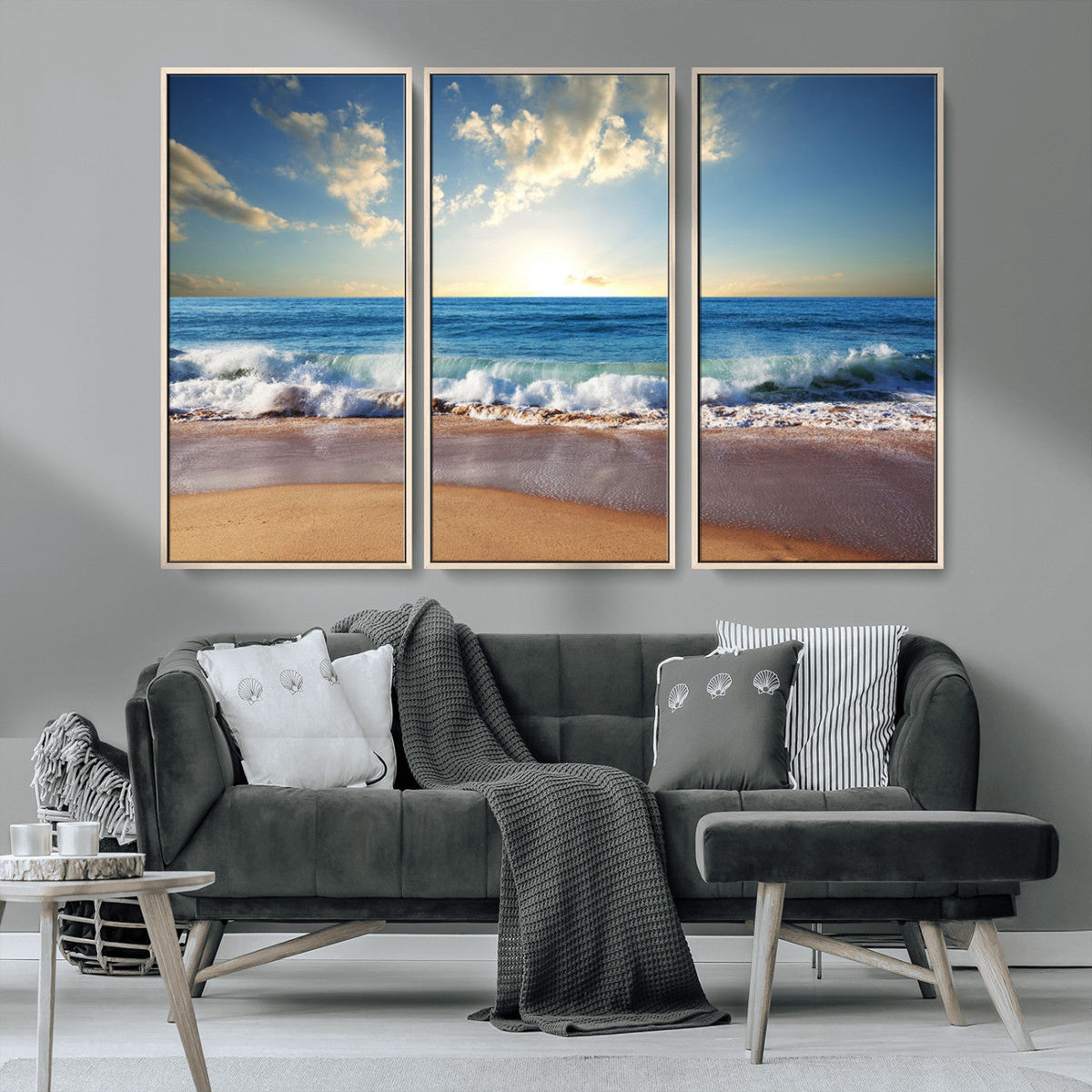 Serene Ocean Sunset Canvas Wall Art - Beach Waves at Sunset,