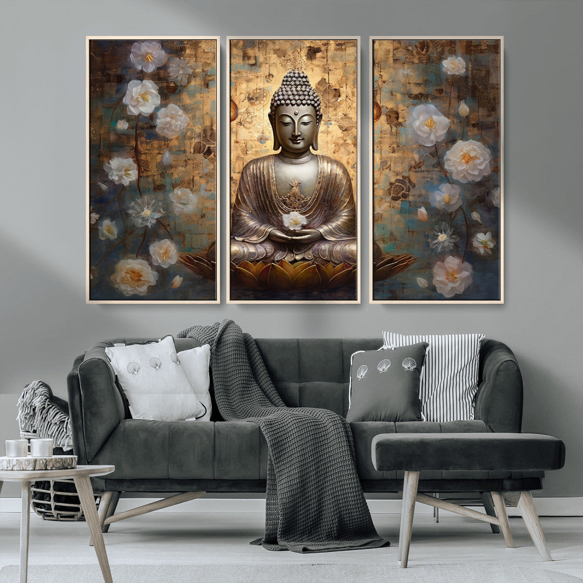 Golden Buddha Wall Art Canvas Print | Zen Meditation Floral