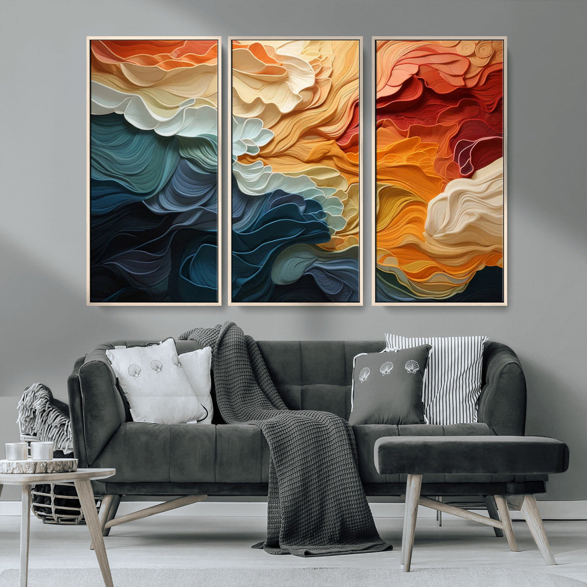 Blue Orange Abstract Wave Wall Art Canvas Print, Framed Blue