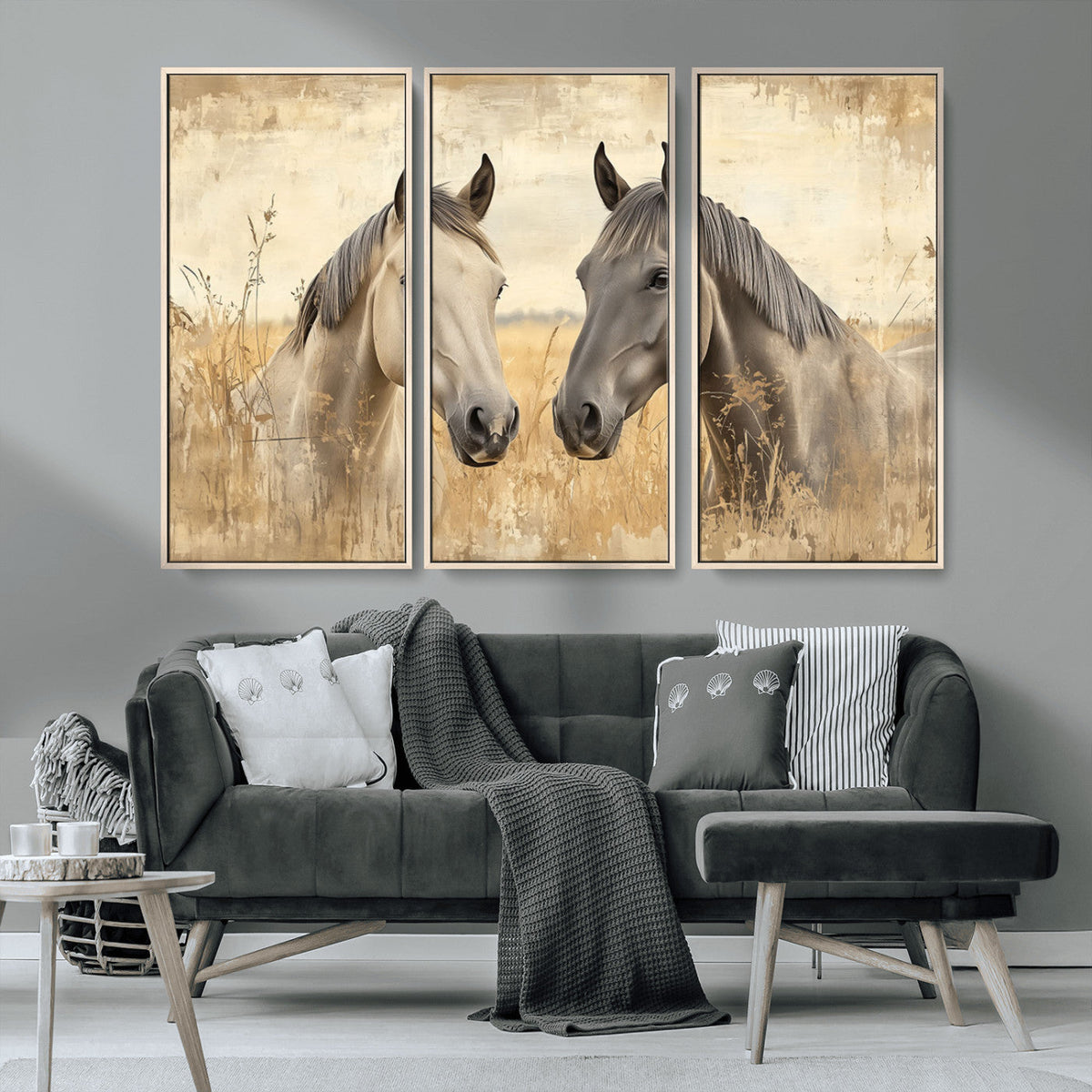 Chines Ink Style Grunge Horses Wall Art Canvas Print