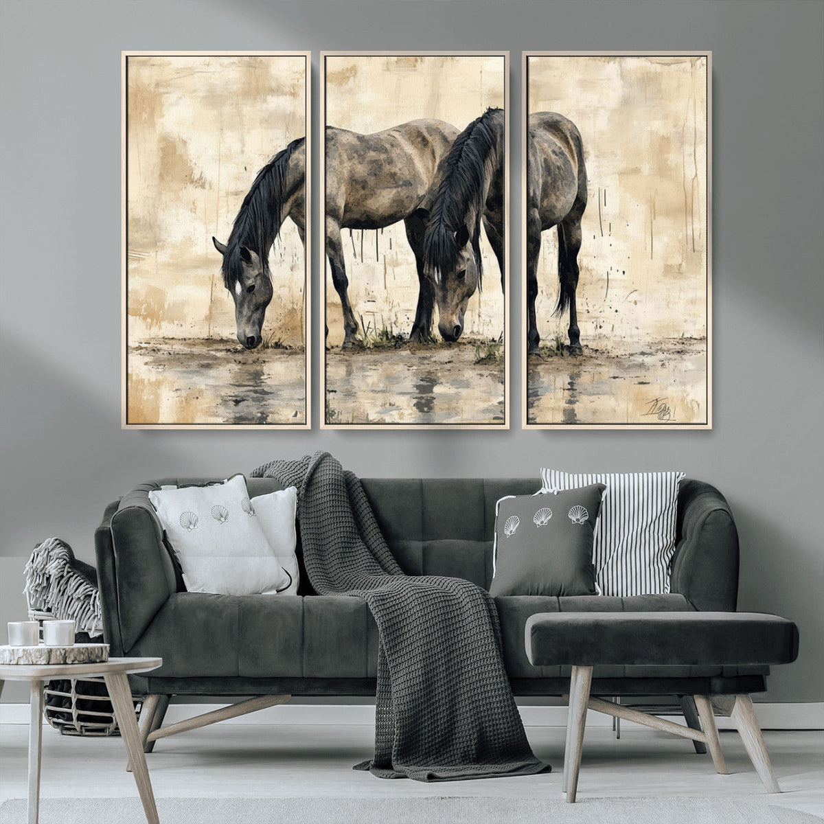 Chinese Style Abstract Black Horses Wall Art Canvas Print -