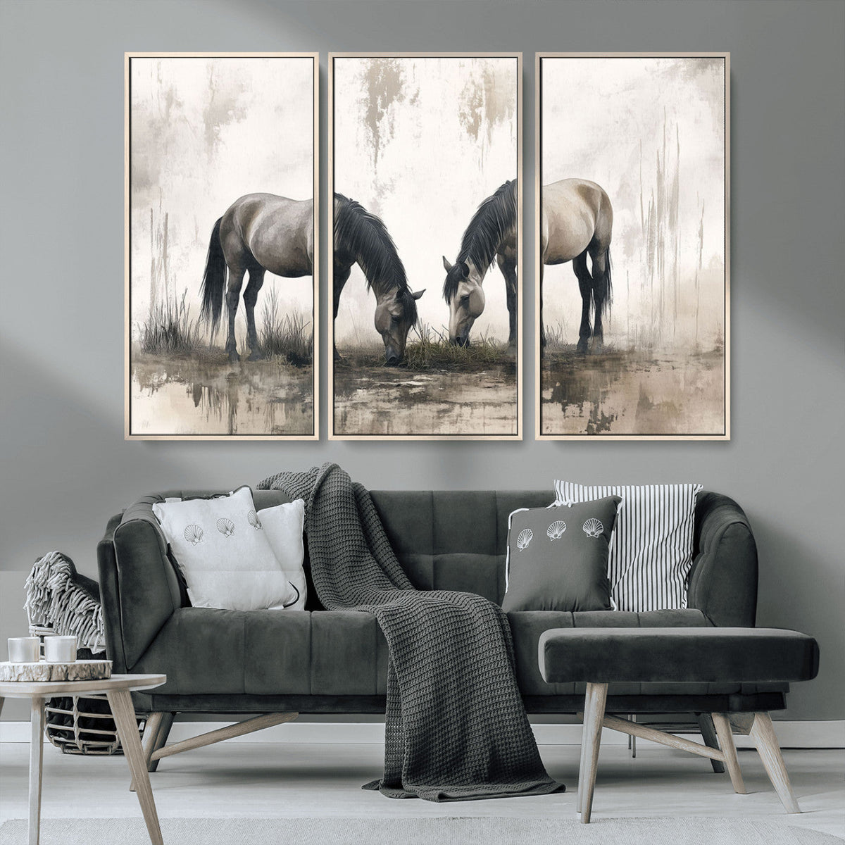 Chines Ink Style Vintage Horses Wall Art Canvas Print for