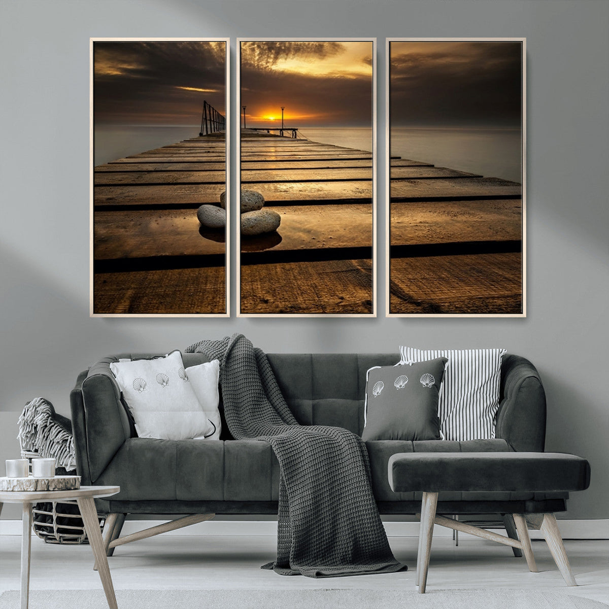 Stones on Wooden Pier at Sunset Canvas Print, Serene Coastal