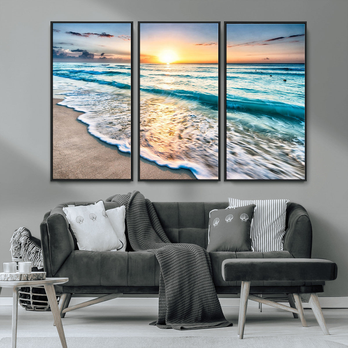 Sunset Beach Waves Canvas Wall Art – 5-Panel Ocean Sunset