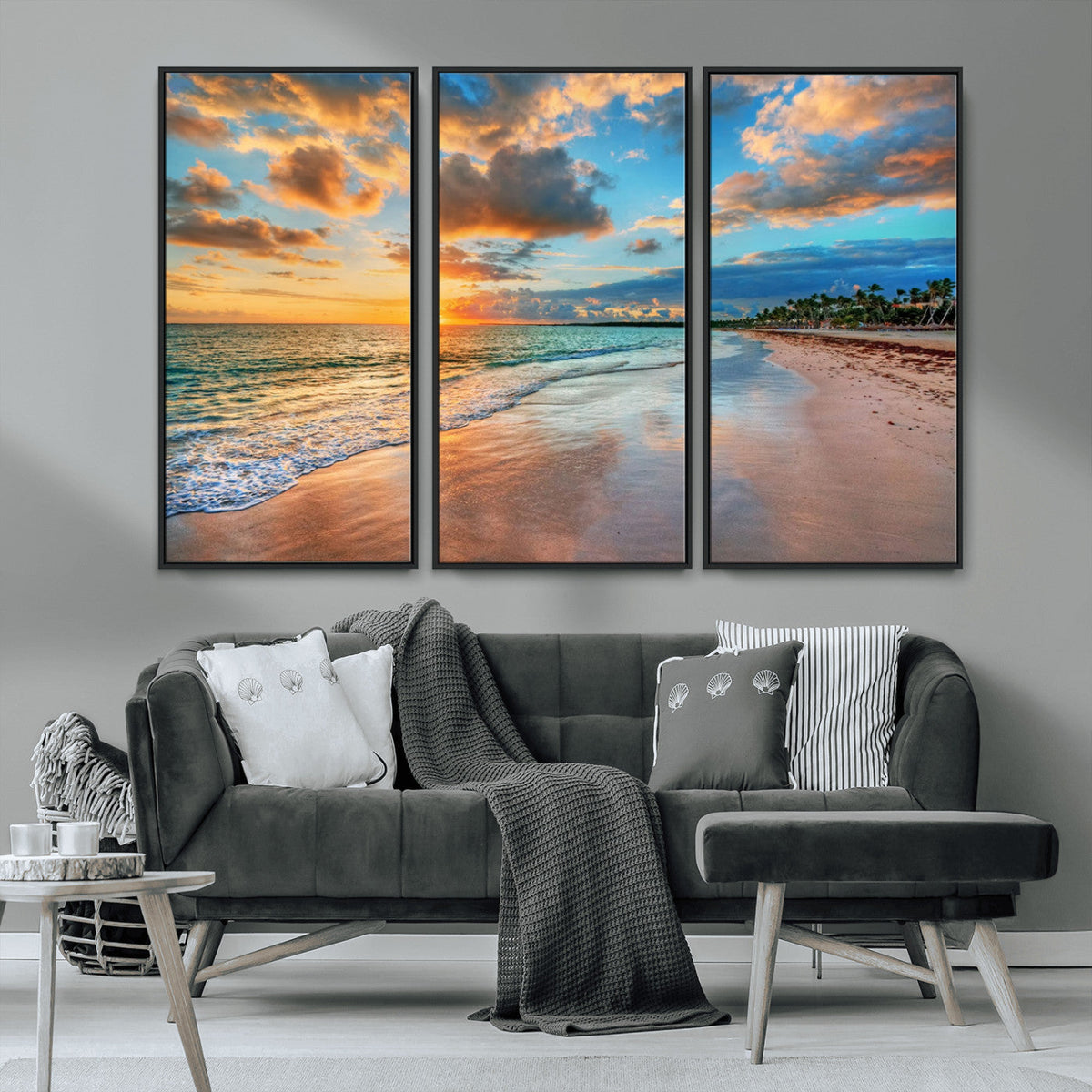 Sunset Ocean Waves on Tropical Beach, 3-Panel Giclee Canvas