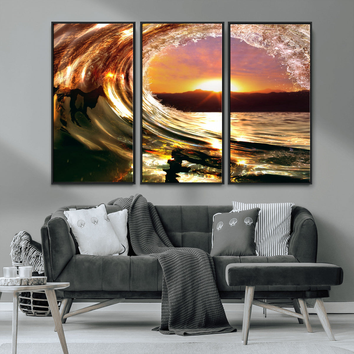 Golden Wave Sunset Triptych Canvas Art, Giclee Canvas Print