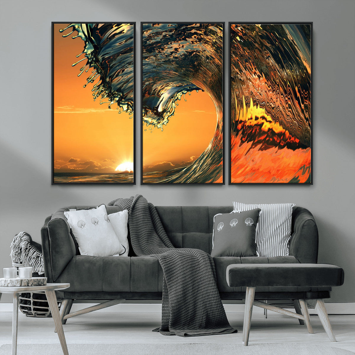 Surf Wave Sunset Canvas Wall Art Print, 3-Panel Ocean