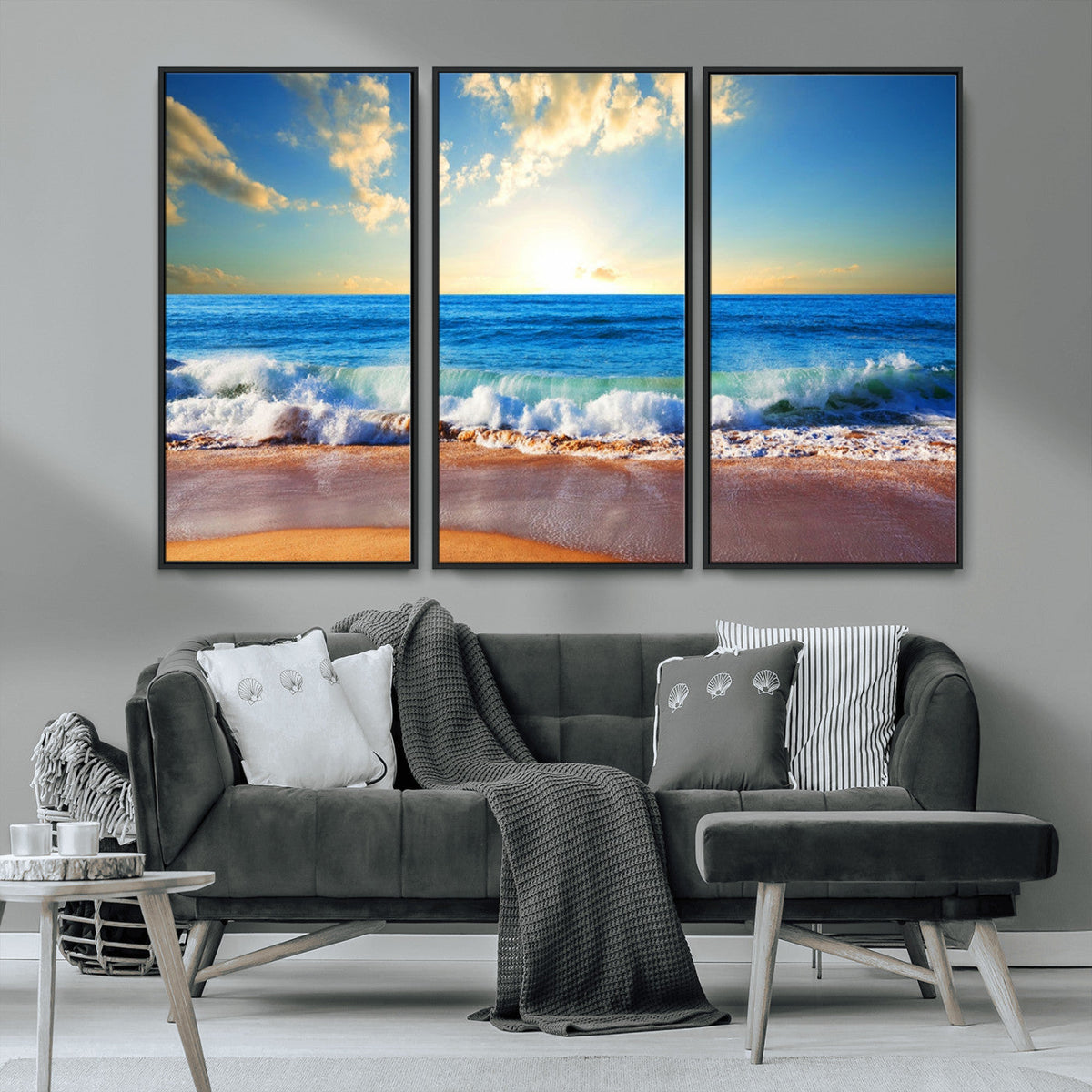 Tropical Beach Sunset Canvas Art, Ocean Waves and Sandy