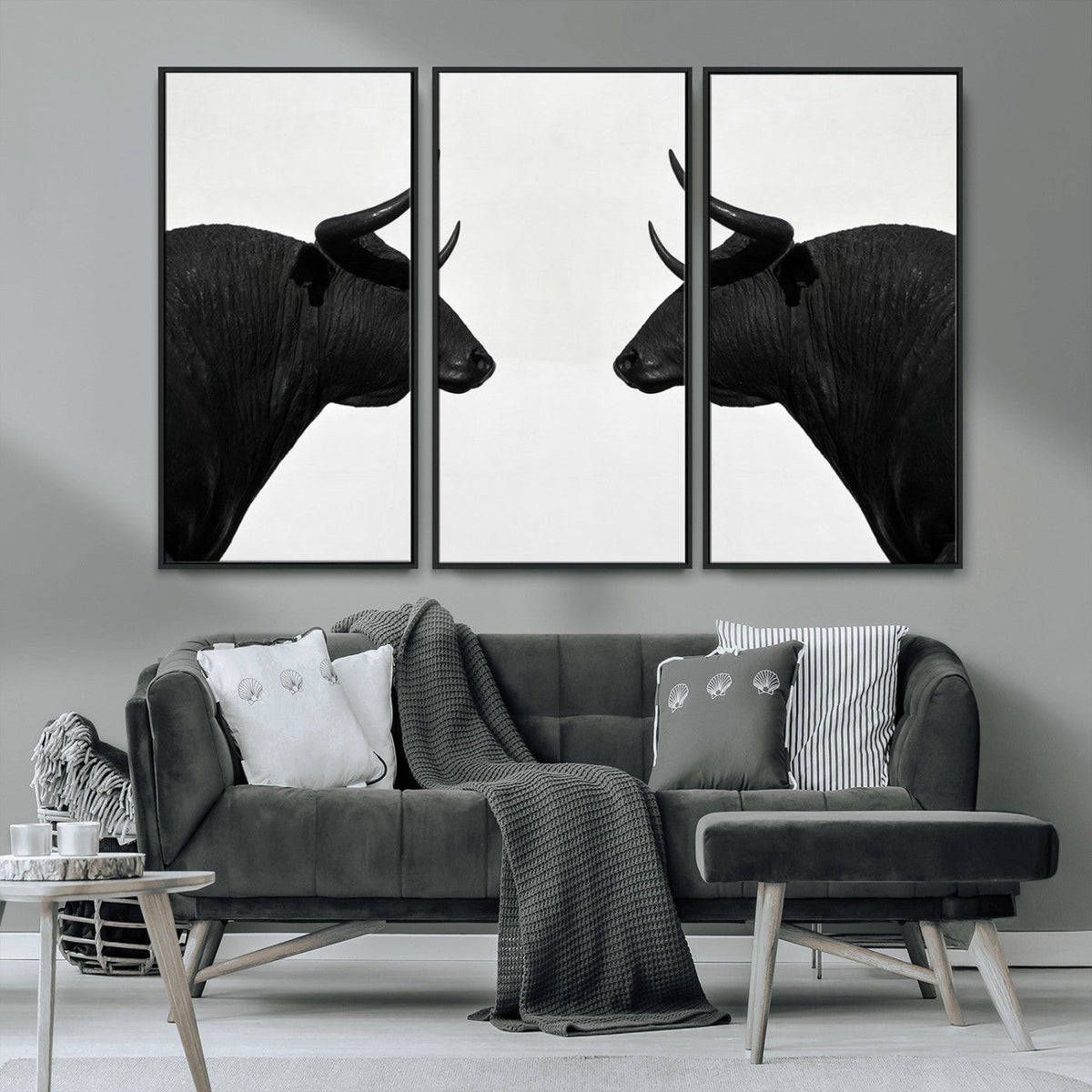 Spanish Bull Art - Framed Black and White Bull Canvas Print