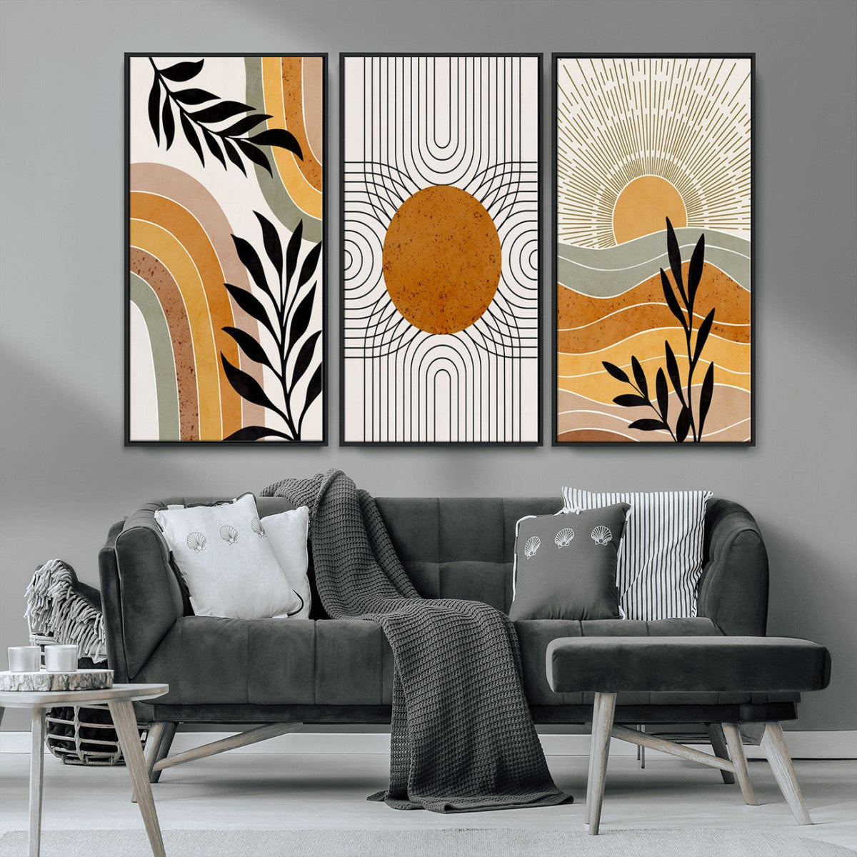 Modern Boho Sun and Leaf Abstract Art – 3-Panel Giclée