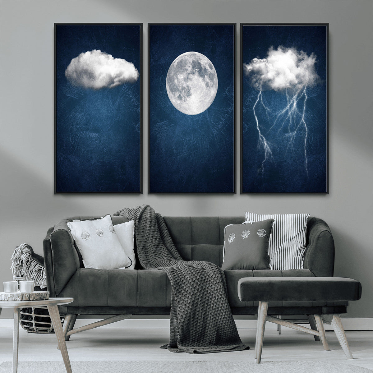 Dark Blue Cloud Art, 3 Piece Indigo Blue Wall Art, Aesthetic