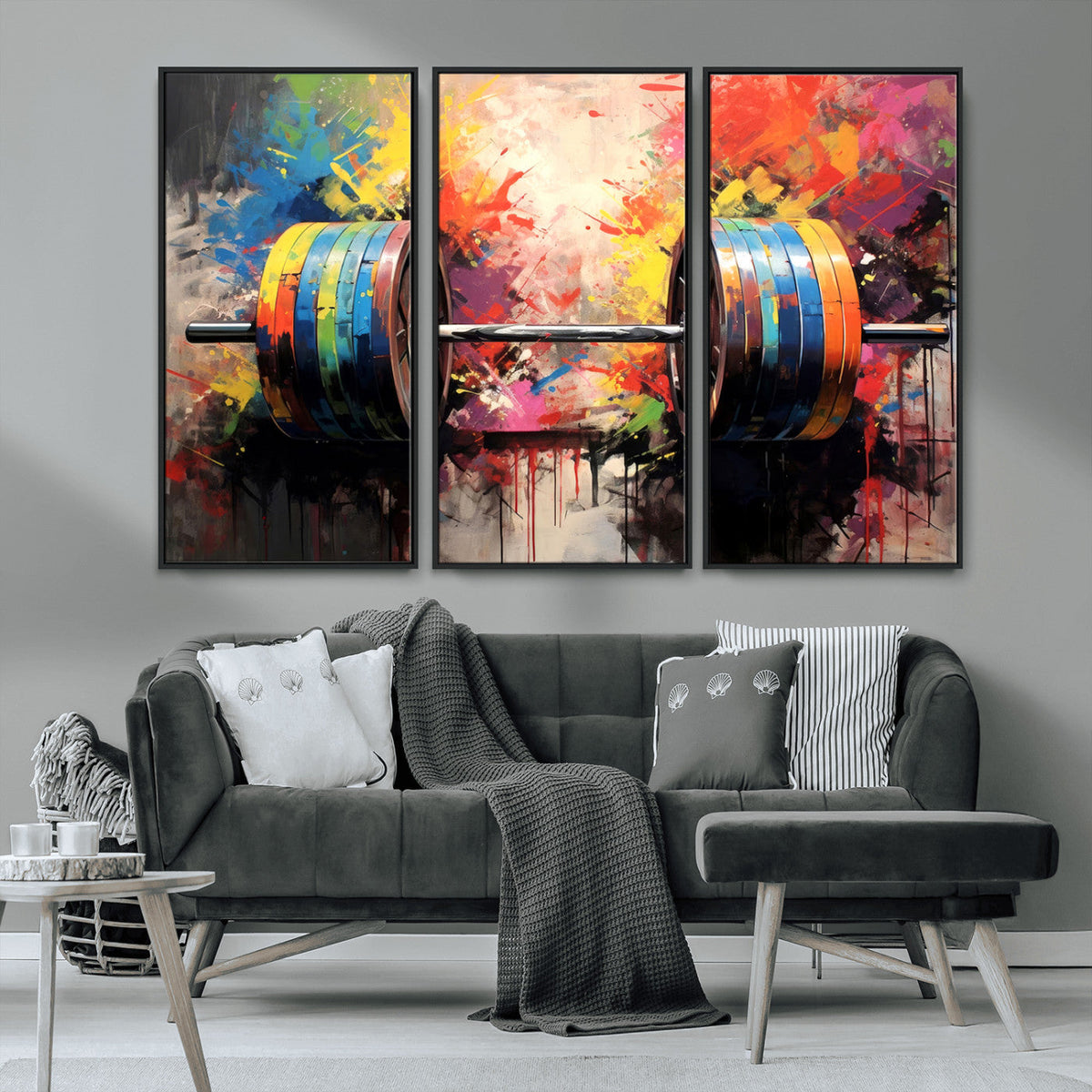 Weightlifting Barbell Art Triptych, Bold Abstract Fitness