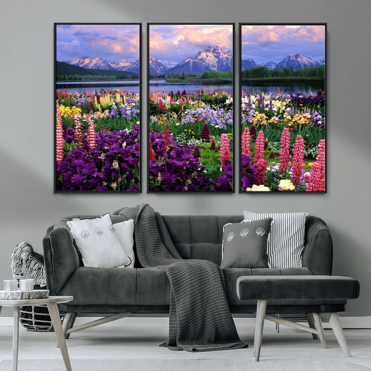 Vibrant Wildflower Garden and Mountain View Giclee Canvas