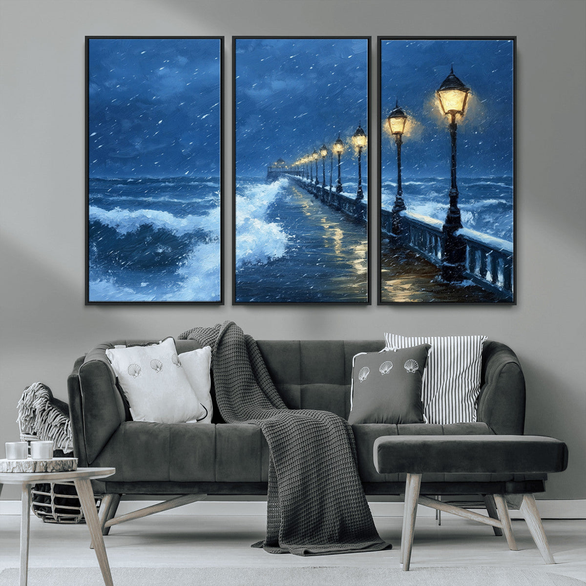Stormy Ocean Pier Lights Canvas Wall Art Print - Large Moody