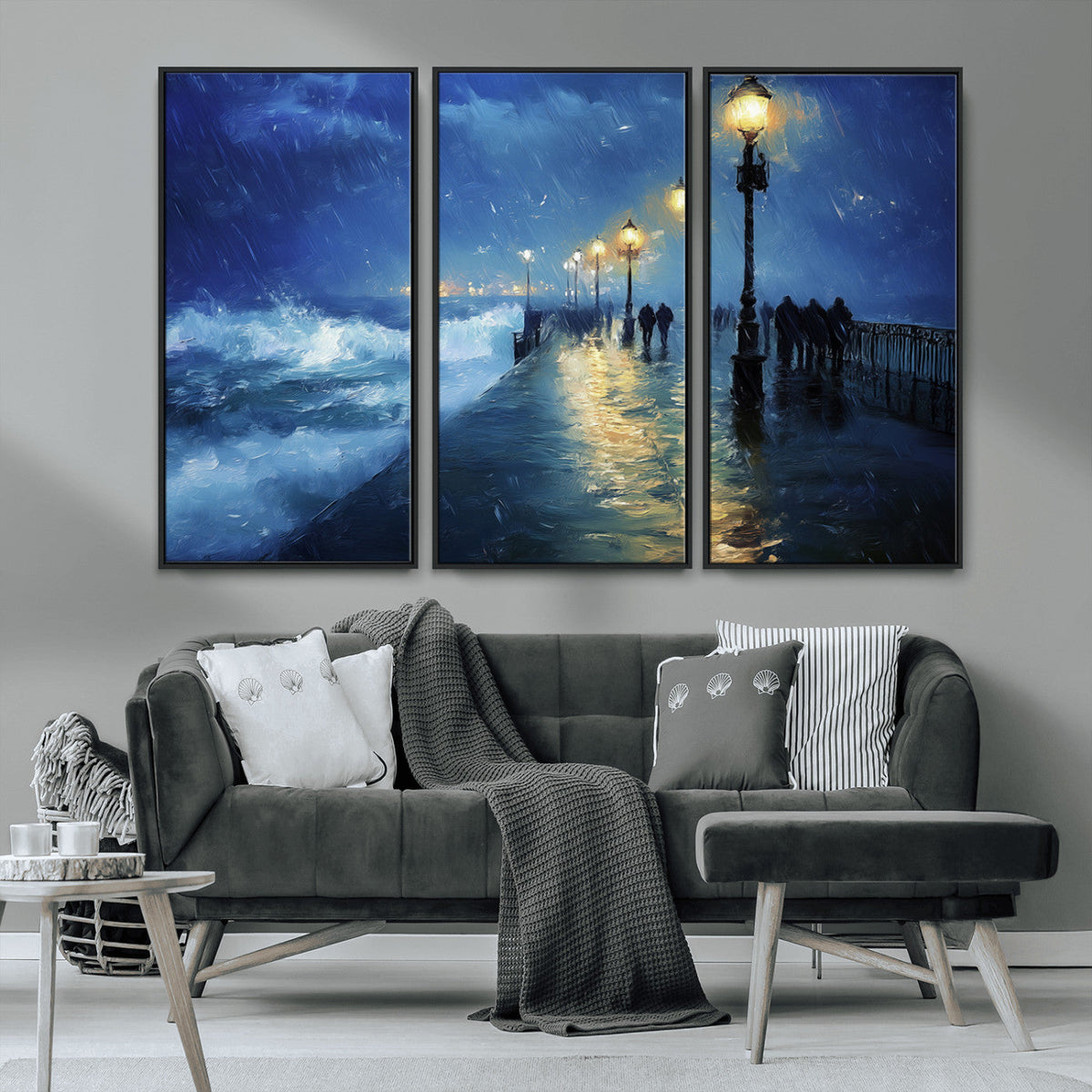 Storm Ocean Pier Canvas Wall Art Print - Large Moody Night