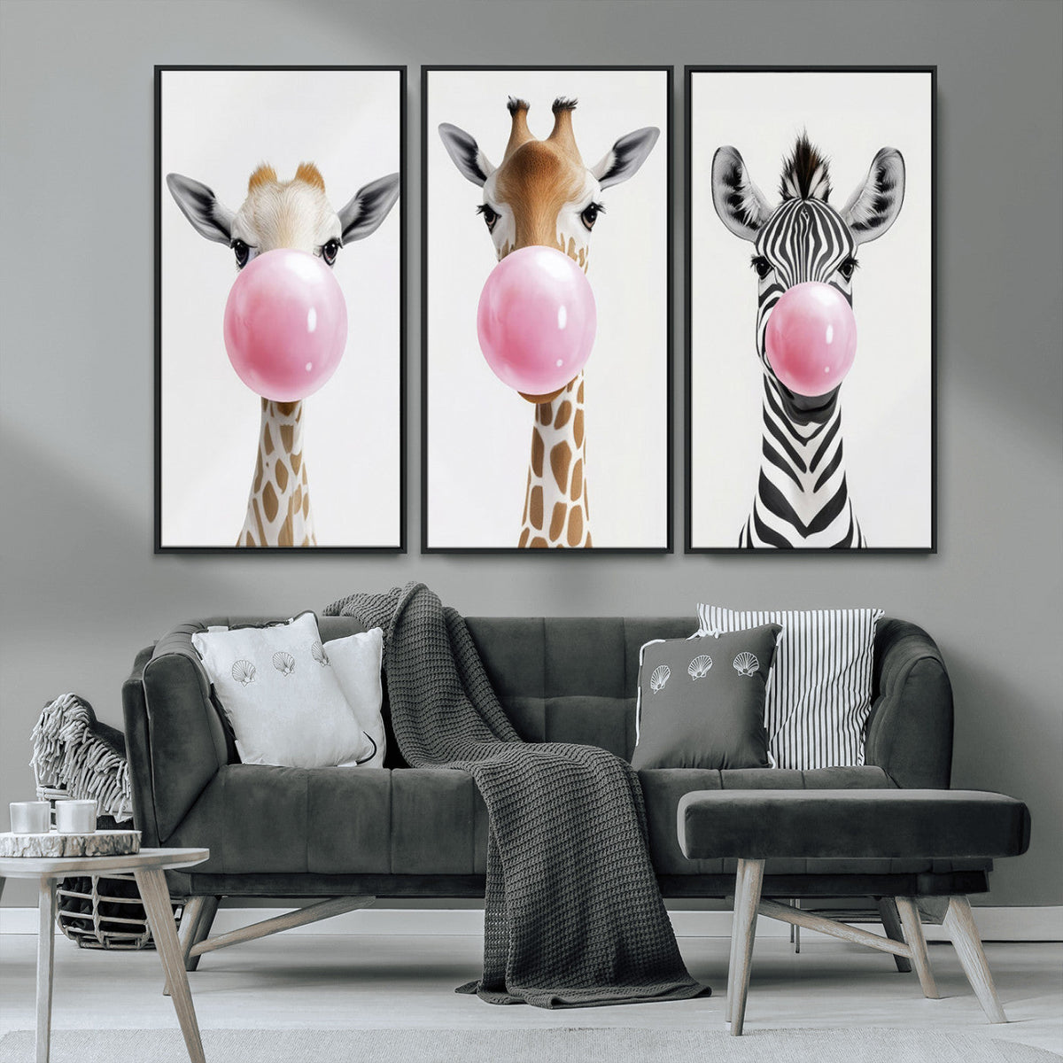Bubblegum Animals Canvas Wall Art - Playful Giraffe and