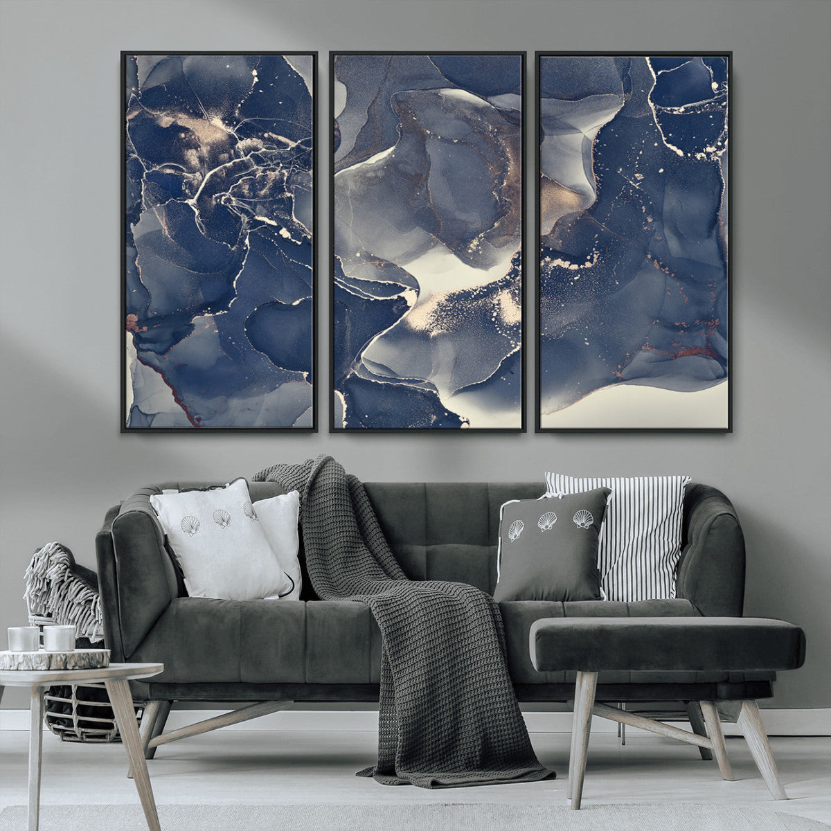 Large Abstract Blue and Gold Canvas Wall Art Fluid Ink
