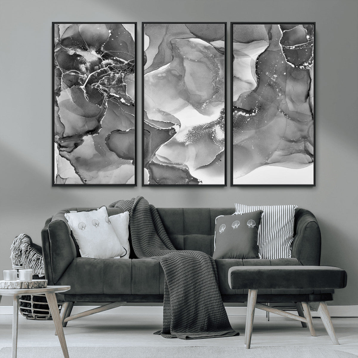 Black White Abstract Canvas Wall Art - Fluid Ink Artwork -
