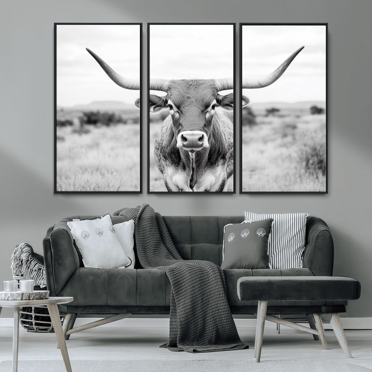 Highland Cow Wall Art Canvas Print – Black and White Western