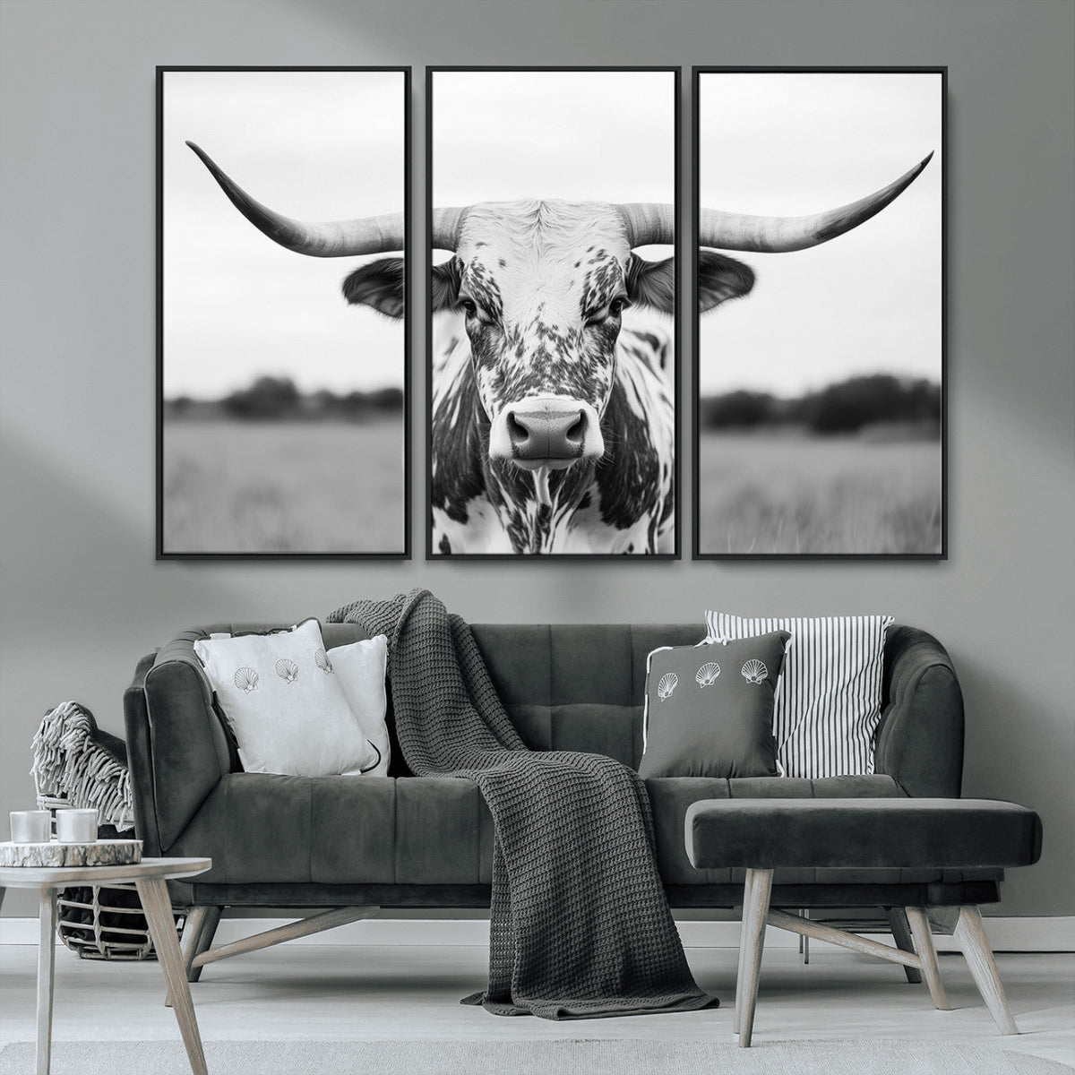 Highland Cow Wall Art Canvas Print – Black and White Western