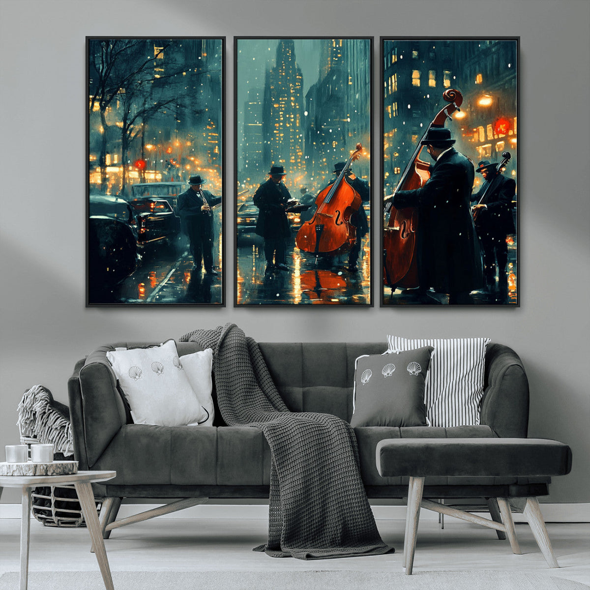 Urban Night Jazz Wall Art Canvas Print – Moody Rain-Soaked