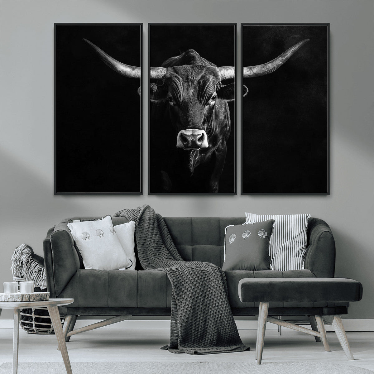 Texas Longhorn Wall Art Canvas Print – Framed Monochrome
