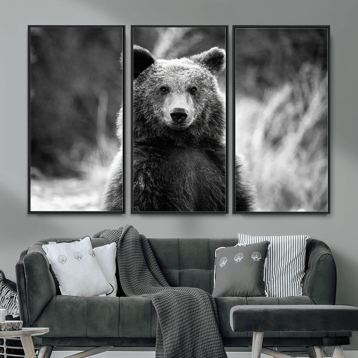 Grizzly Bear Wall Art Canvas Print – Framed Black White