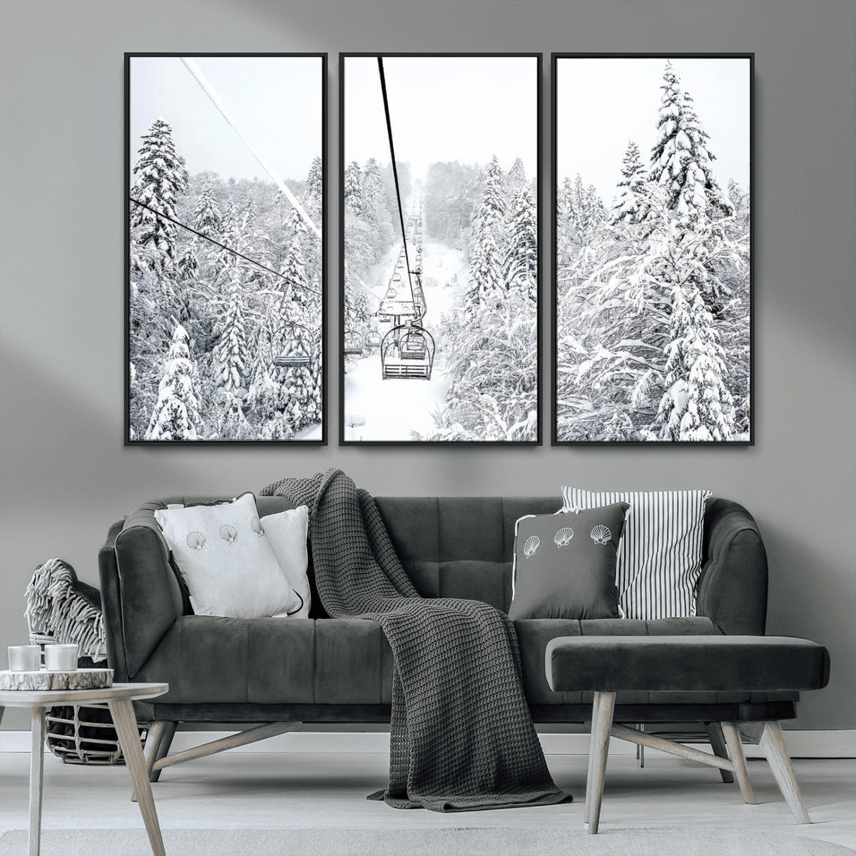 Snowy Ski Lift Wall Art – Framed Winter Mountain Canvas
