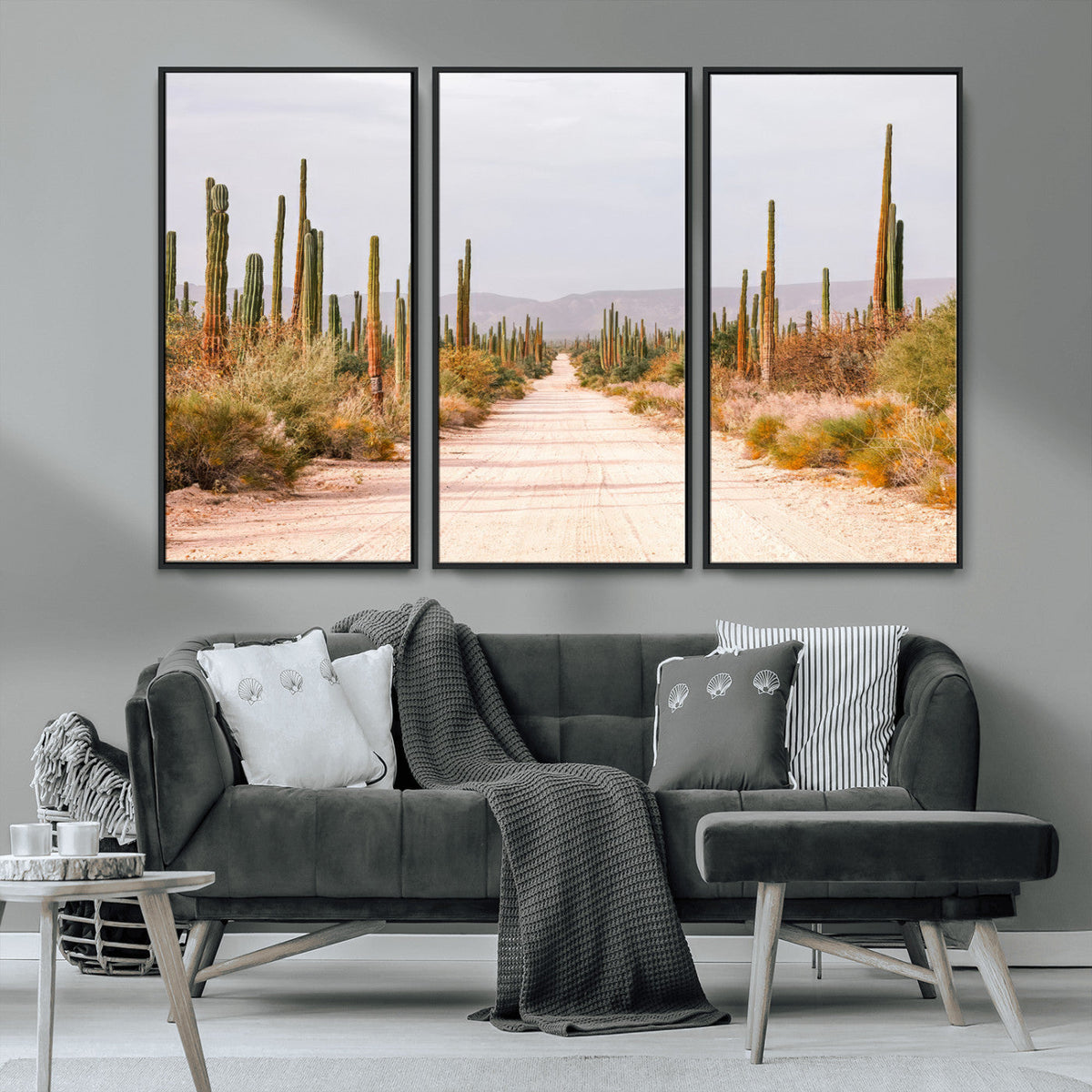 Desert Cactus Lined Road Wall Art Canvas Print – Framed