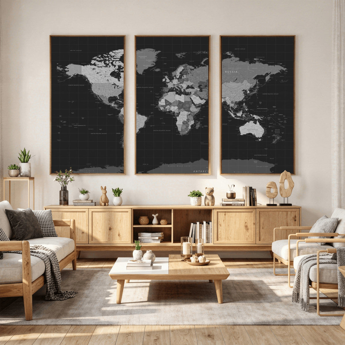Black World Map Wall Art Canvas Print – Detailed Map of the