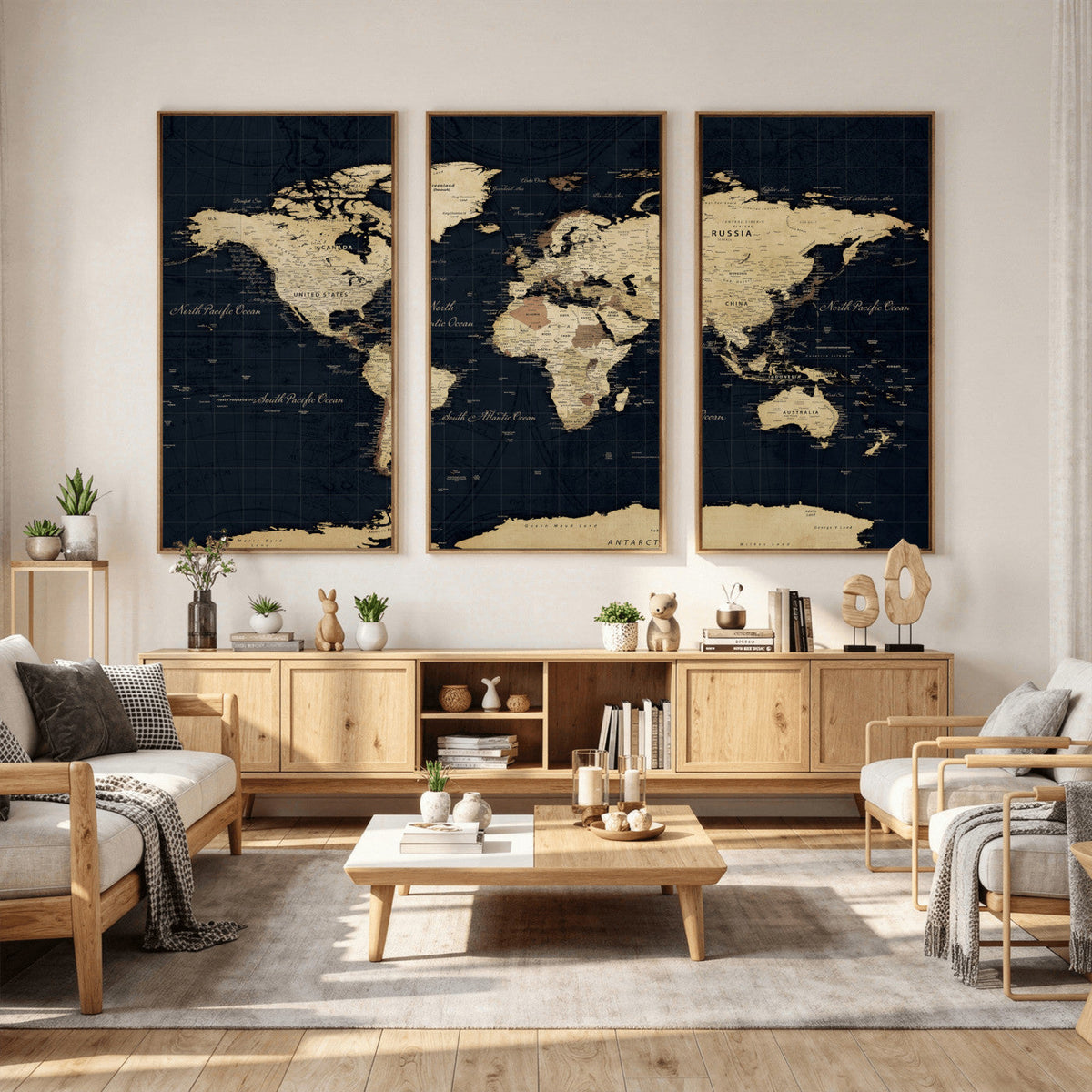 Dark World Map Canvas Wall Art Print, Minimal Black and Gold